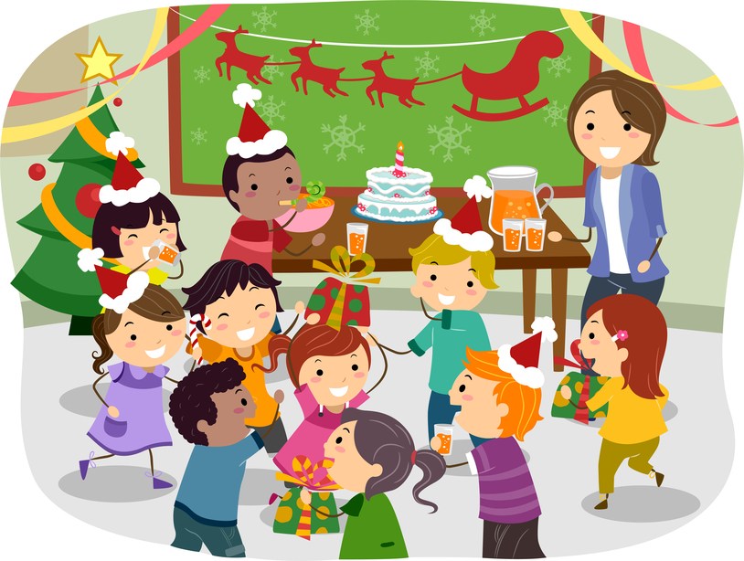 Illustration of Stickman Kids Having a Christmas Party at School