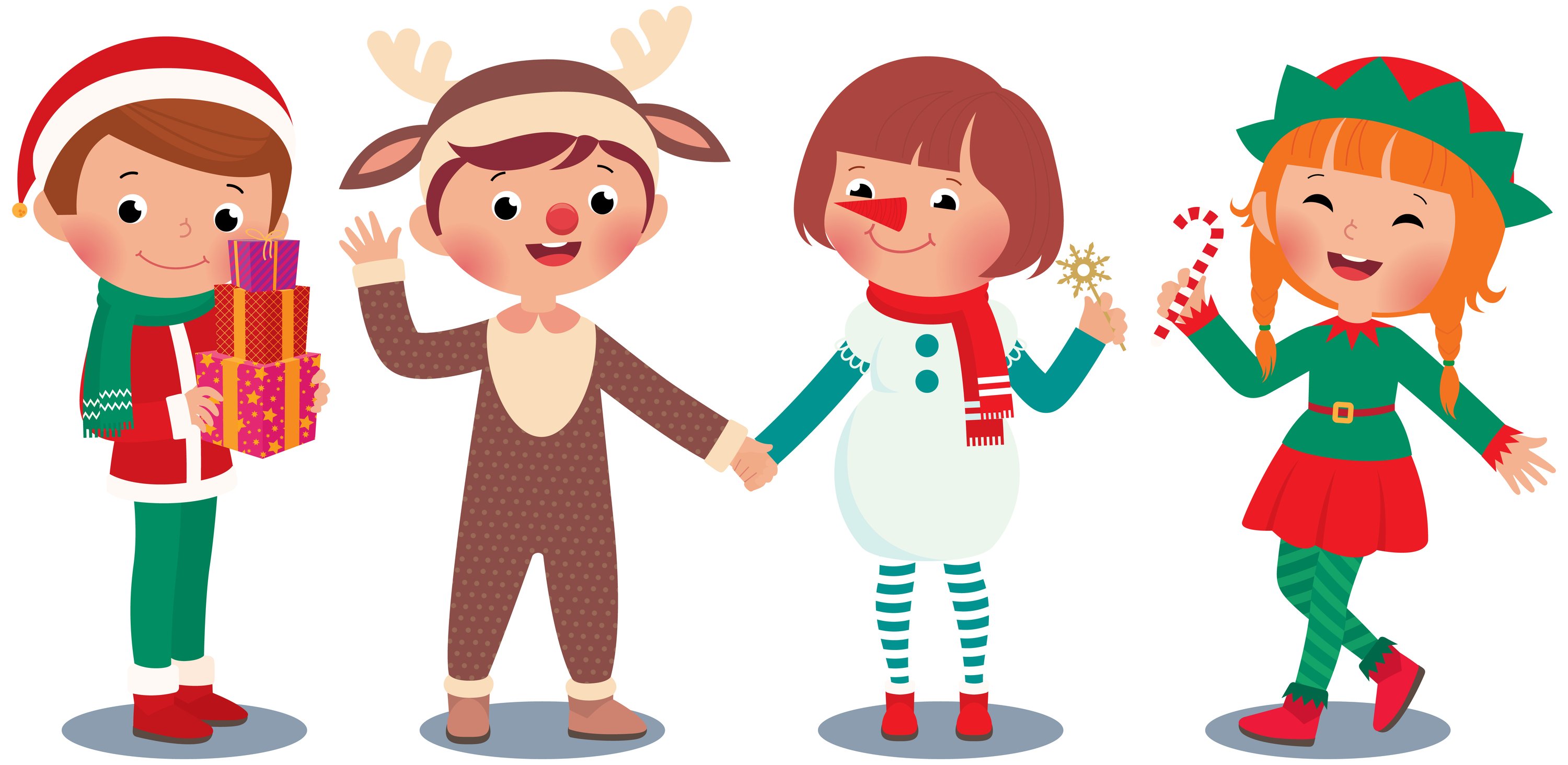 Children in Christmas costume characters celebrate Christmas
